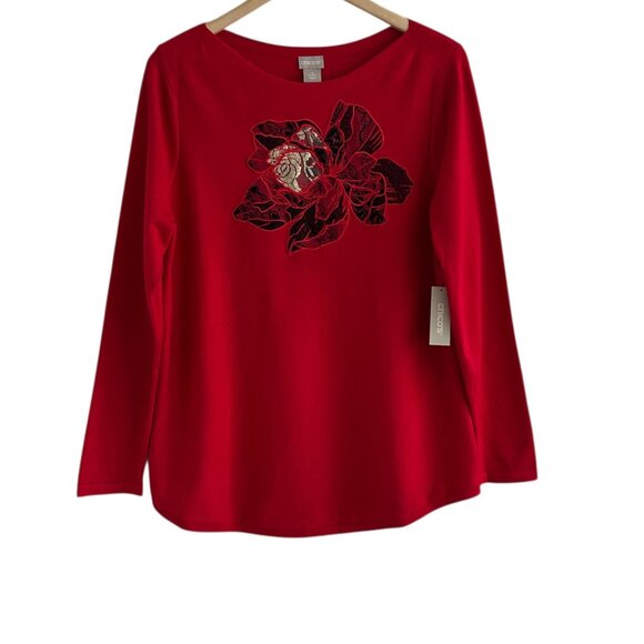 Chico's Red Placed Floral Bateau Long Sleeve Embellished Knit Sweater NWT (L) - Picture 5 of 13